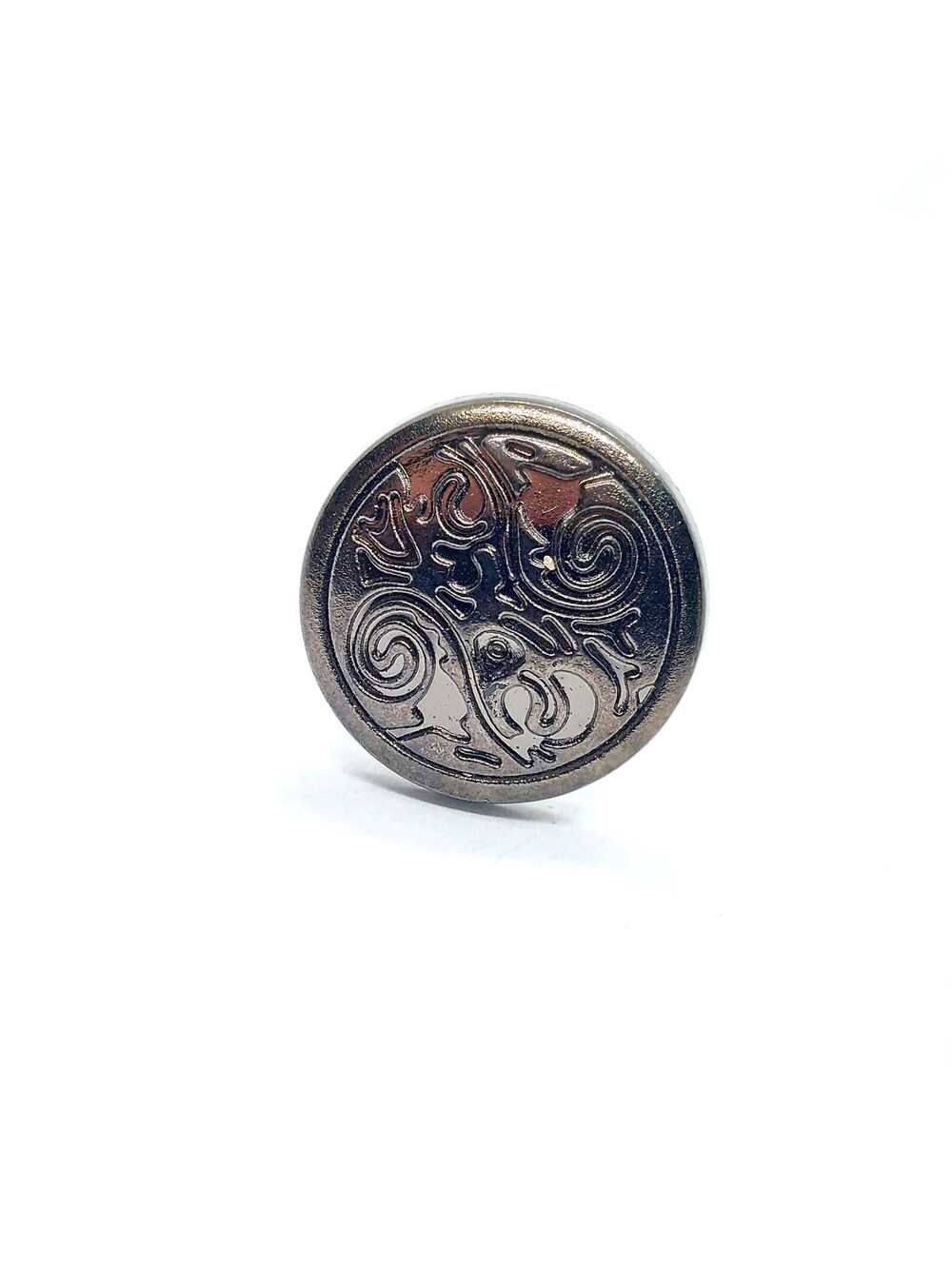 Ornate Silver Circular Button Pin Vintage Metal Swirl Engraved Lapel Brooch